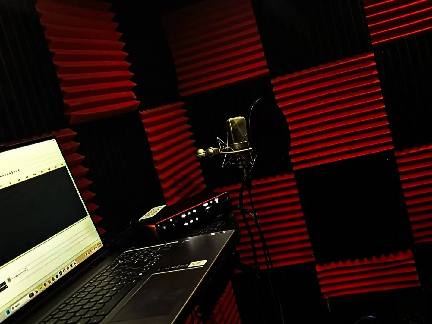A recording studio with red and black acoustic foam panels on the walls, a microphone on a stand, a laptop on a desk, and audio equipment.