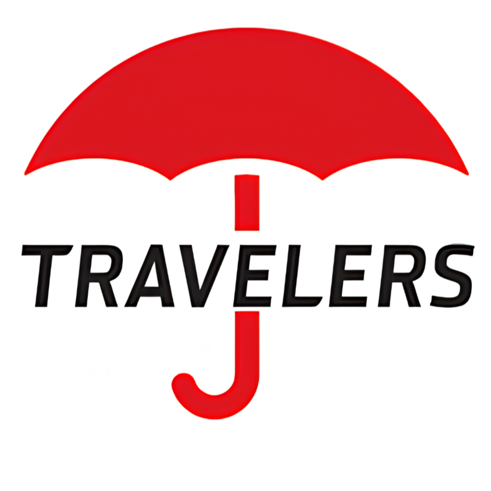 Red umbrella above the word 'TRAVELERS' with a red letter 'J' vertically positioned in the center.