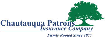 Logo for Chautauqua Patrons Insurance Company featuring a large green tree, with the company name in blue and black text, and the tagline 'Family Rooted Since 1877'.