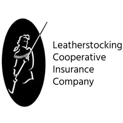 Logo of Leatherstocking Cooperative Insurance Company featuring a stylized drawing of a man holding a staff next to the company name.