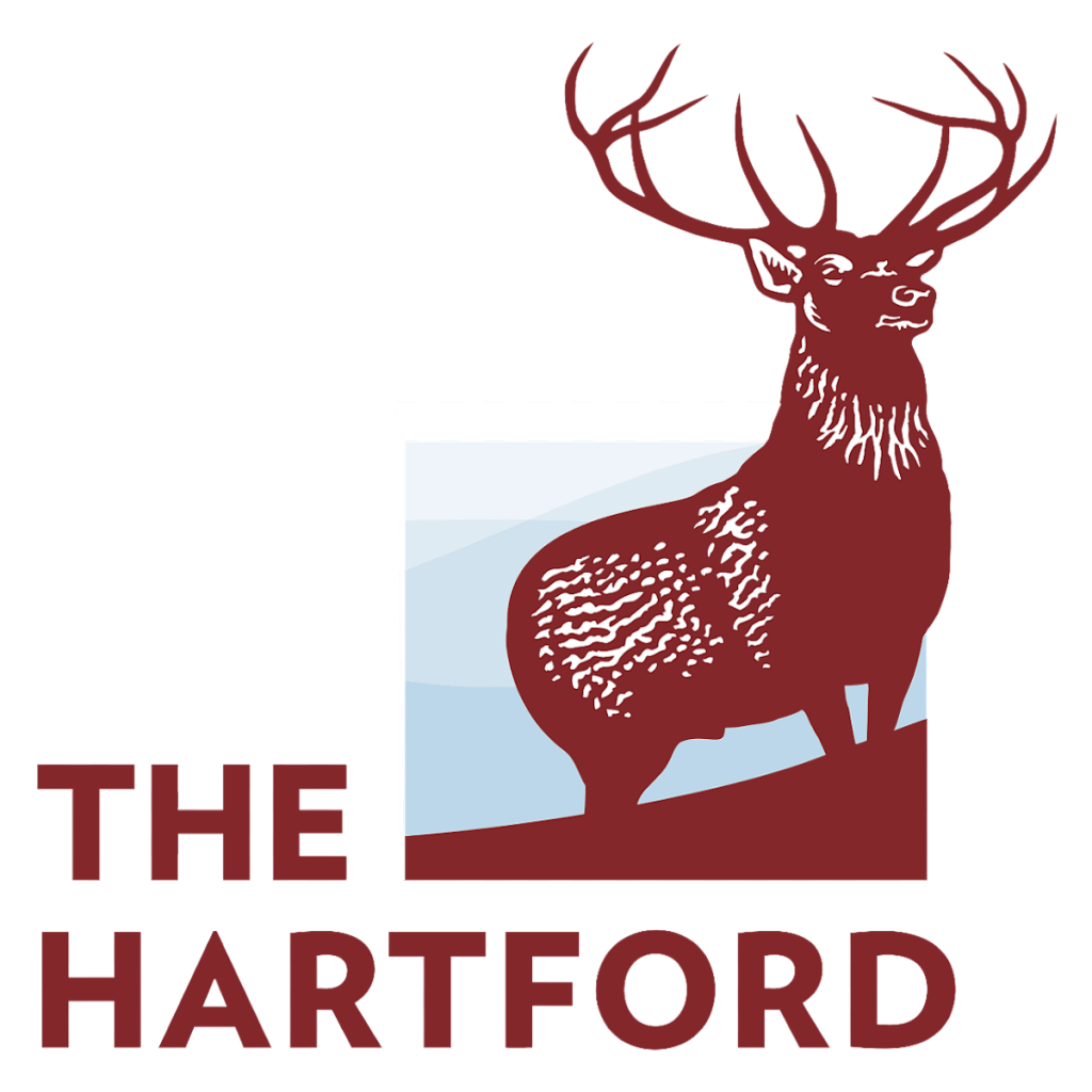 A logo with a stylized illustration of a deer with large antlers, set against a rectangular background, and the words 'THE HARTFORD' in capital letters below.