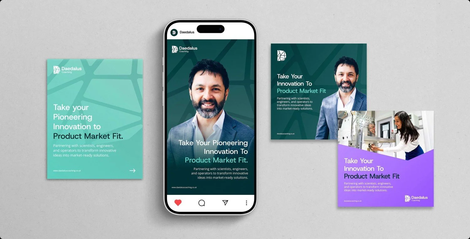 Smartphone displaying a social media profile with a headshot of a smiling man with dark hair and beard, wearing a suit jacket and white shirt, surrounded by promotional materials with images and text about product market fit and innovation.