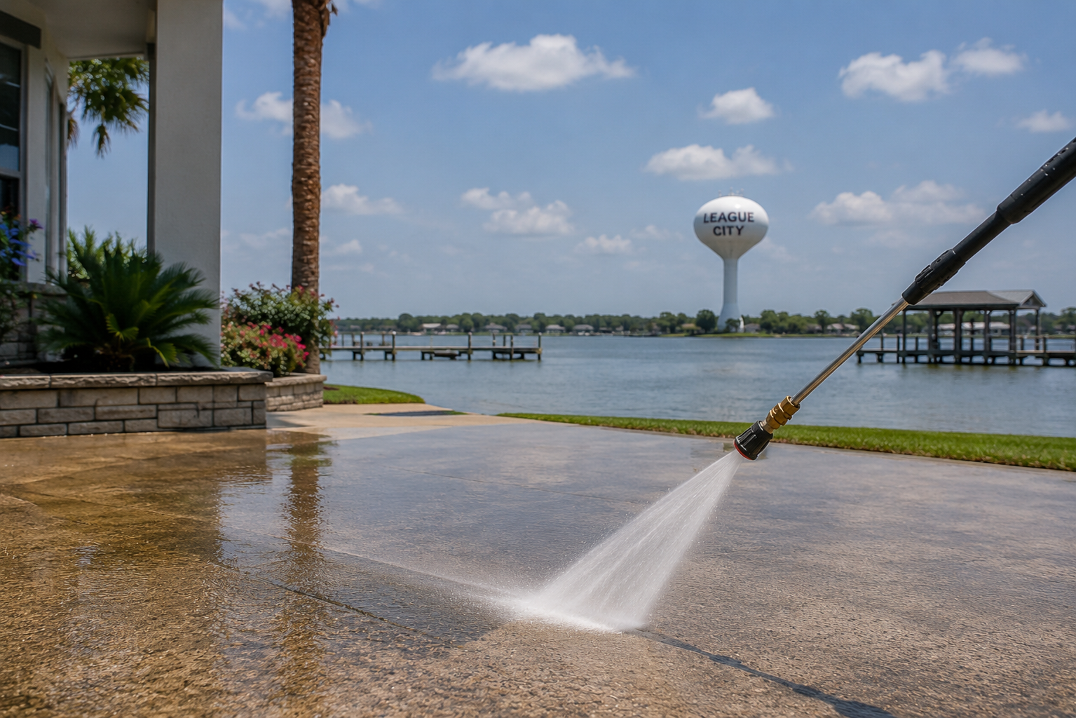 A pressure washer cleaning a concrete patio, with a water tower labeled 'LEAGUE CITY' in the background over a body of water. There are dock structures and a house with flowers and a palm tree nearby.