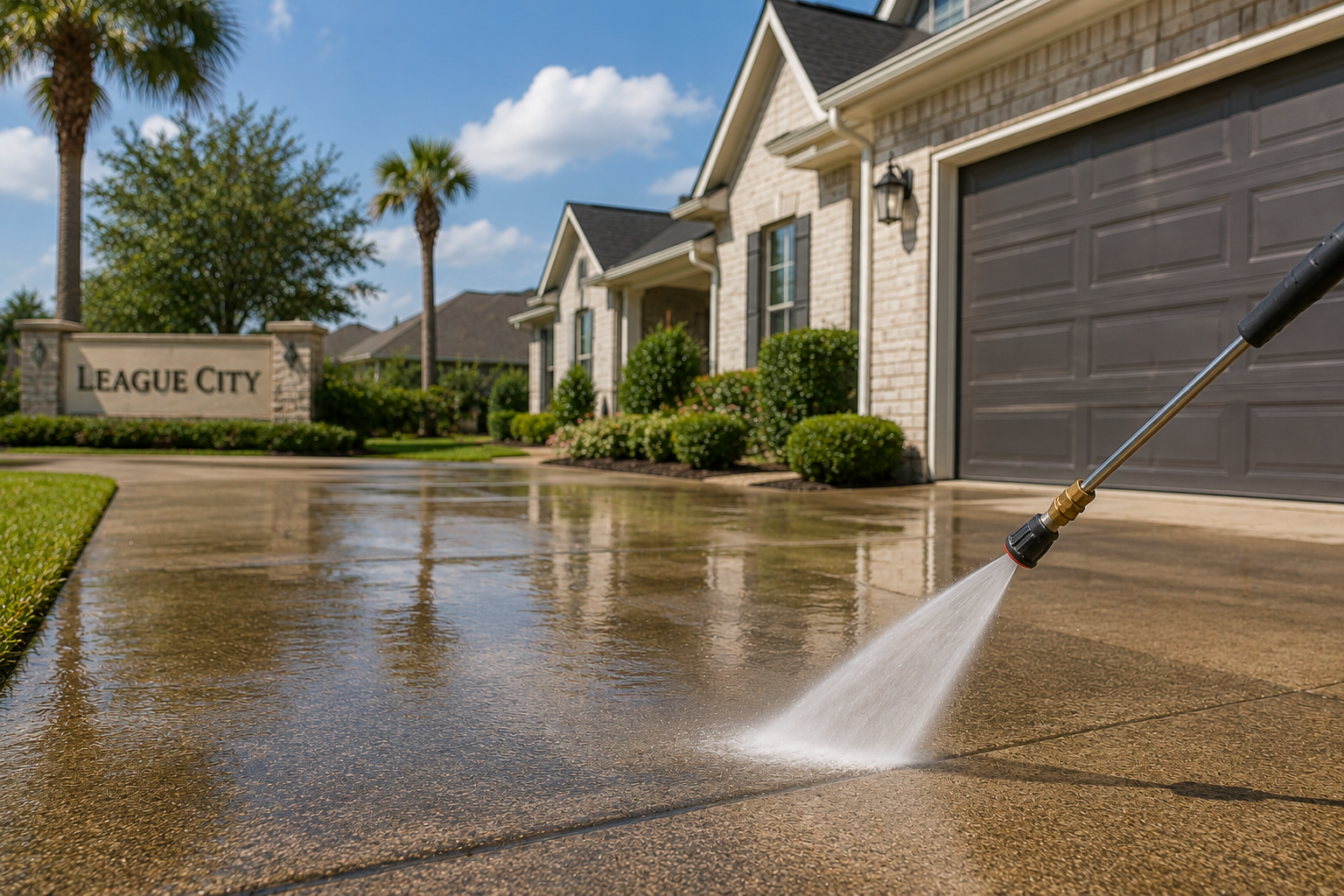 A garden hose sprays water on a concrete driveway in front of a house with a sign that reads 'League City,' a black garage door, and well-manicured bushes and trees under a partly cloudy sky.
