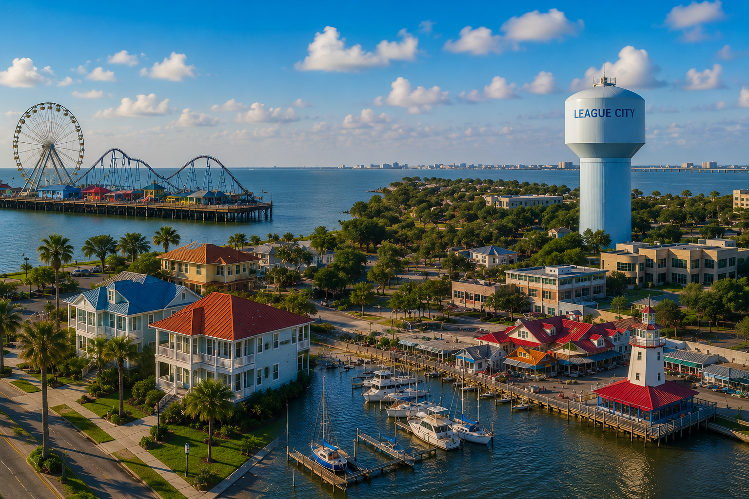 Aerial view of a coastal city with a harbor, colorful houses, boats, a Ferris wheel, and a water tower labeled 'League City' under a partly cloudy sky.