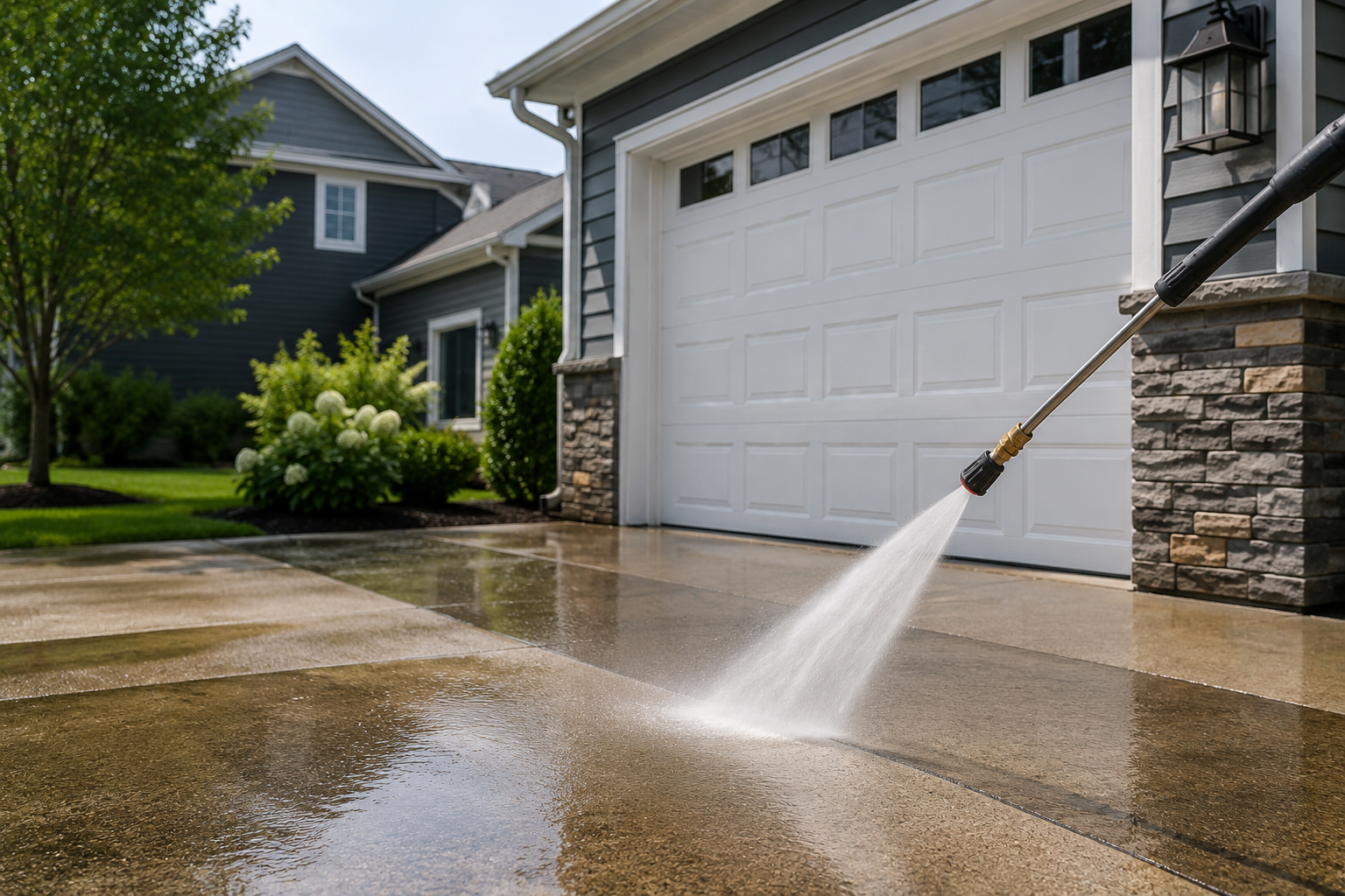 A pressure washer spraying water onto a concrete driveway outside a house with a white garage door.