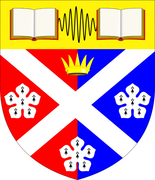 A coat of arms with a yellow crown at the center top, a red and blue shield divided diagonally with white cross, each section containing a white flower with black stems and leaves. Above the shield are two open books with sound waves between them.