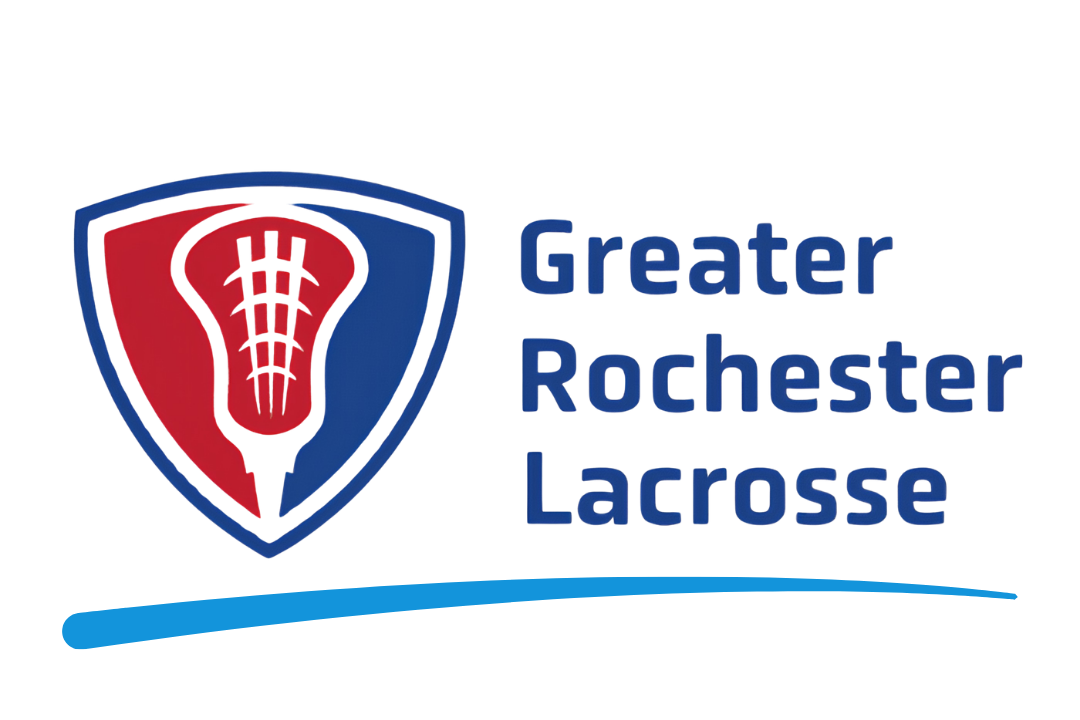 Greater Rochester Lacrosse logo featuring a shield with a stylized lacrosse stick head and the text 'Greater Rochester Lacrosse' in blue.