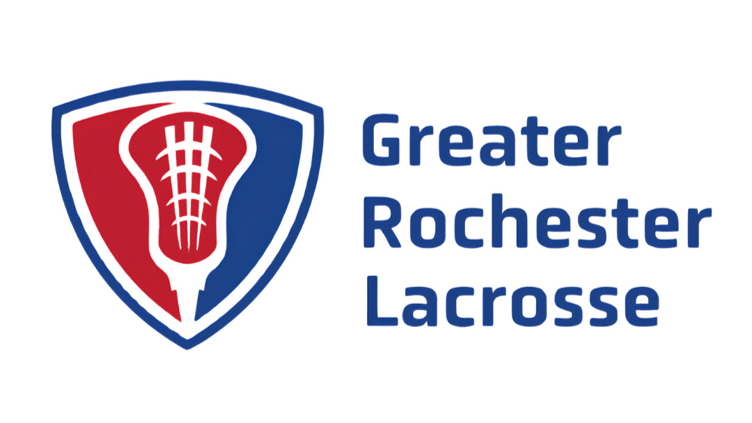 Logo of Greater Rochester Lacrosse featuring a shield with a stylized lacrosse stick in red and blue, and blue text to the right.