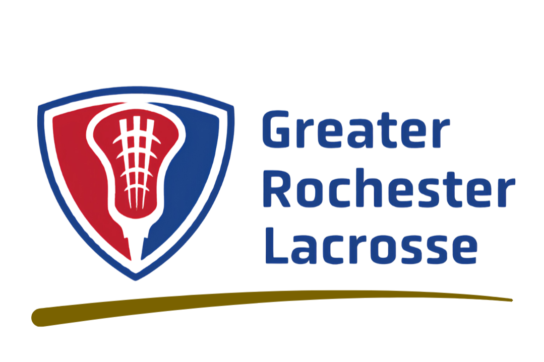 Logo for Greater Rochester Lacrosse featuring a shield with a stylized red and blue flame or torch, and the text 'Greater Rochester Lacrosse' in blue