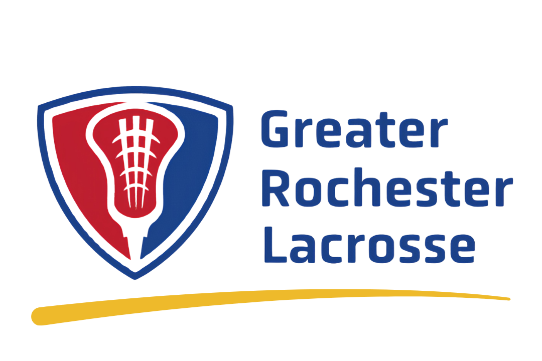 Logo for Greater Rochester Lacrosse featuring a shield shield with a stylized lacrosse stick in red and blue, and the text 'Greater Rochester Lacrosse' in blue.