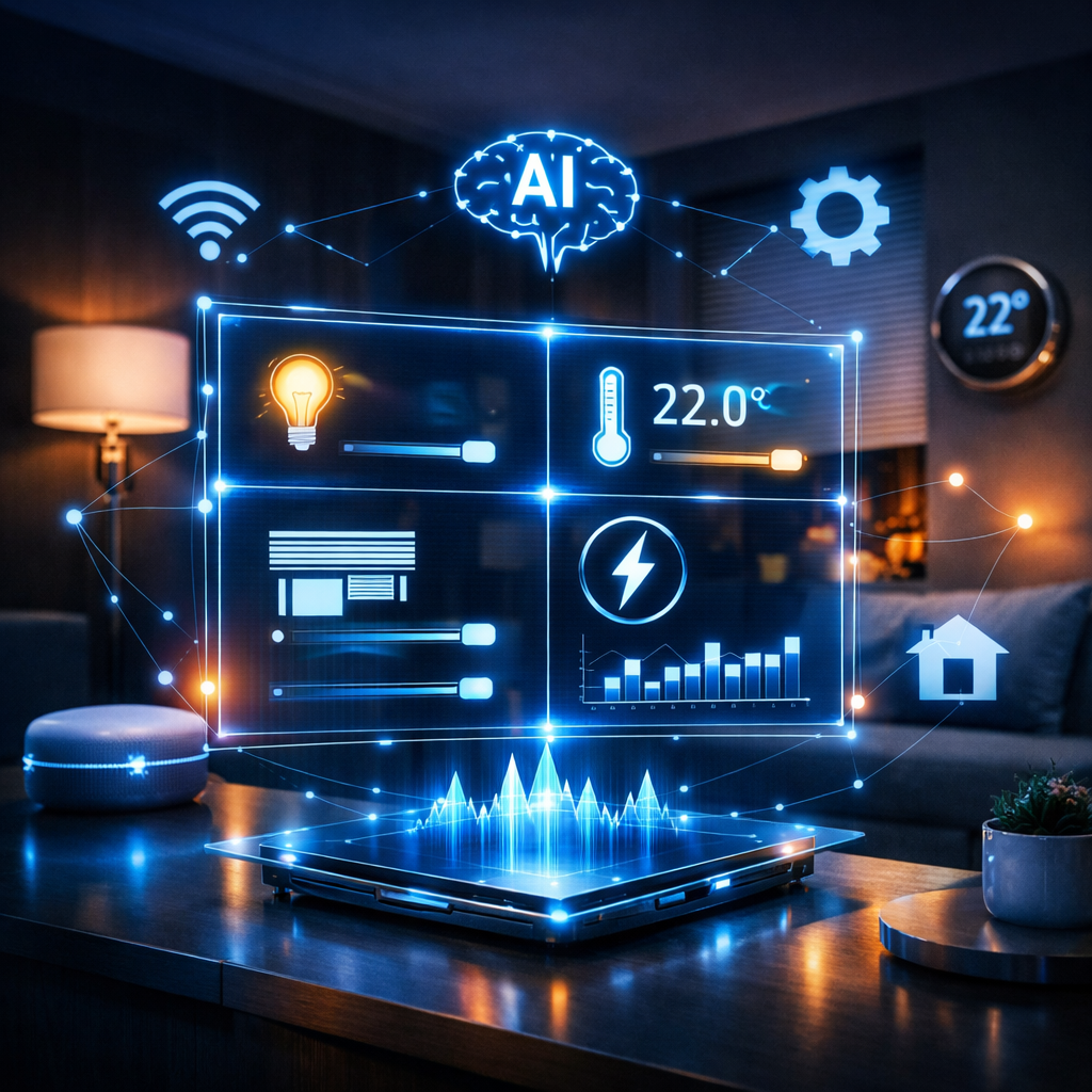 Smart home control panel projecting on a table with icons for Wi-Fi, AI, lighting, temperature, electricity, and home settings in a modern living room.