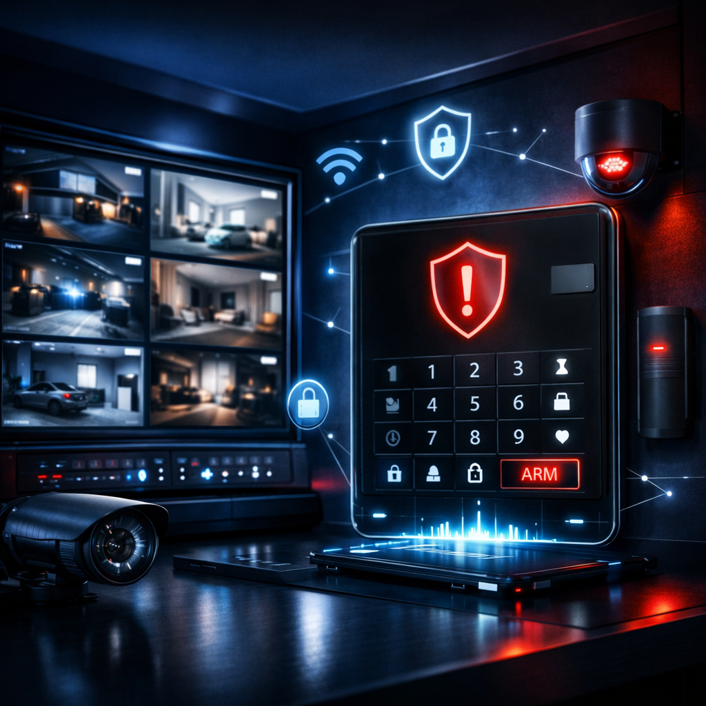 Home security system setup with security cameras, surveillance monitor displaying multiple camera feeds, keypad with security alerts, and connected sensors on a dark wall.