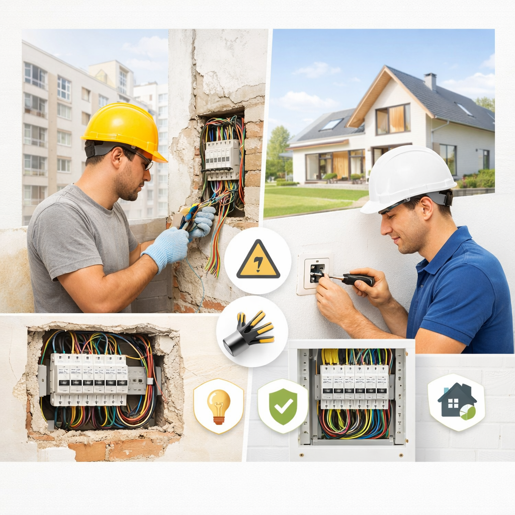 Two electricians working on electrical wiring and outlets, one in an apartment building and the other in a house, with icons of a warning sign, wire cutter, light bulb, shield, and house.