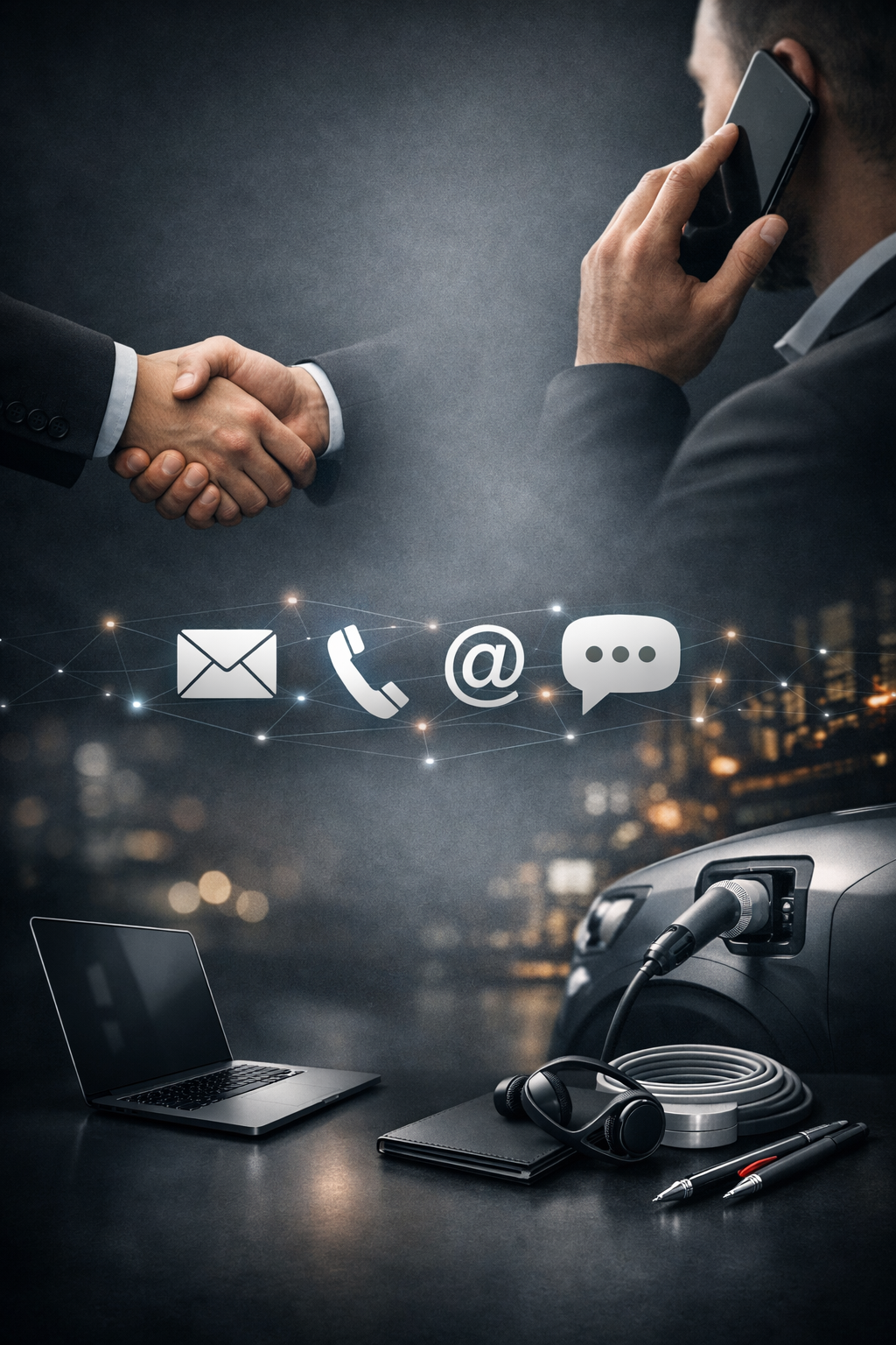 Two people in business suits shaking hands, with digital icons of email, phone, email, and chat overlayed, and a laptop, notebook, headphones, and pens on a desk in front of a car at night.