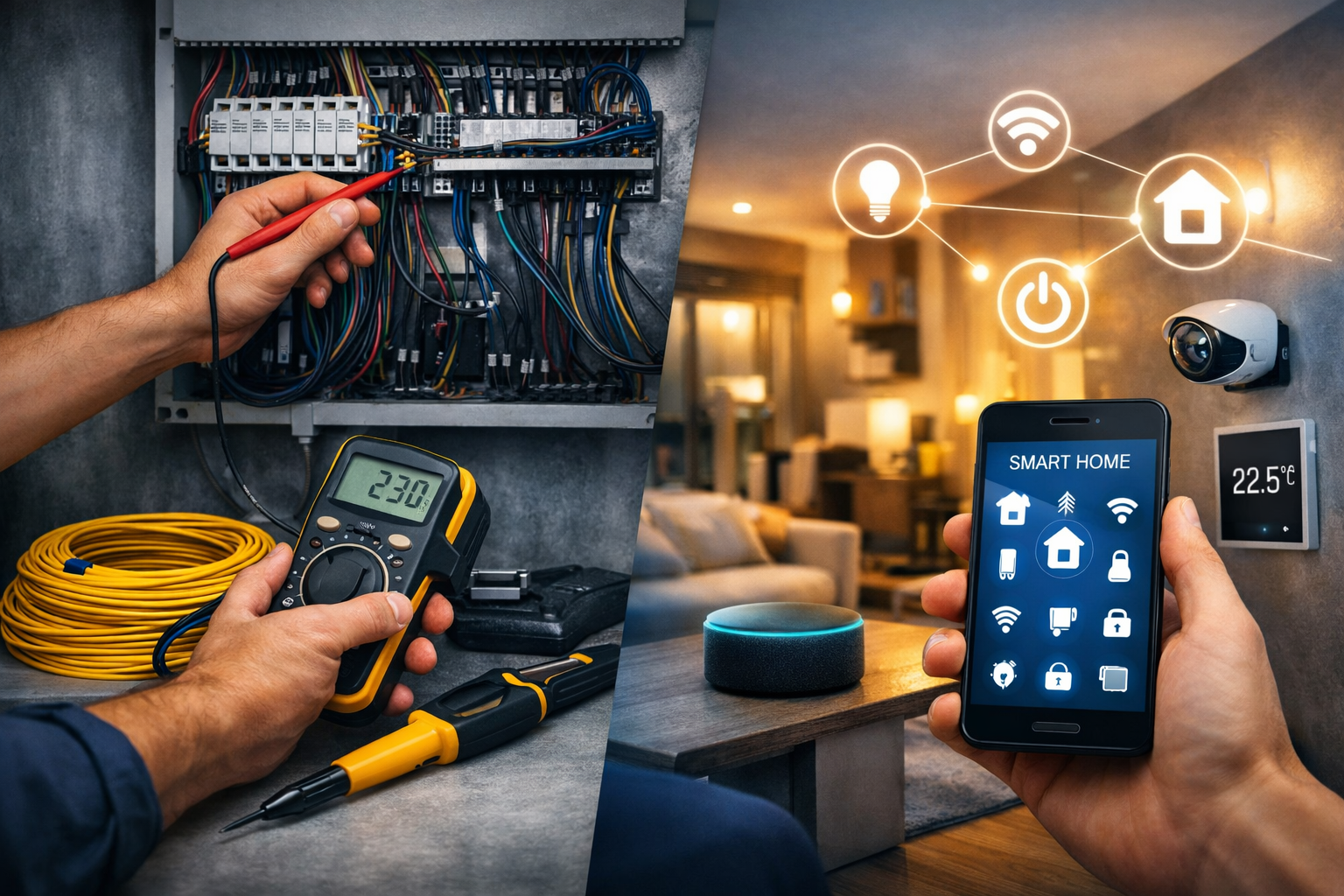 Image showing a person working on electrical wiring with a multimeter, and a smart home setup on a smartphone controlling home devices with a camera, Wi-Fi, and thermostat in a living room.