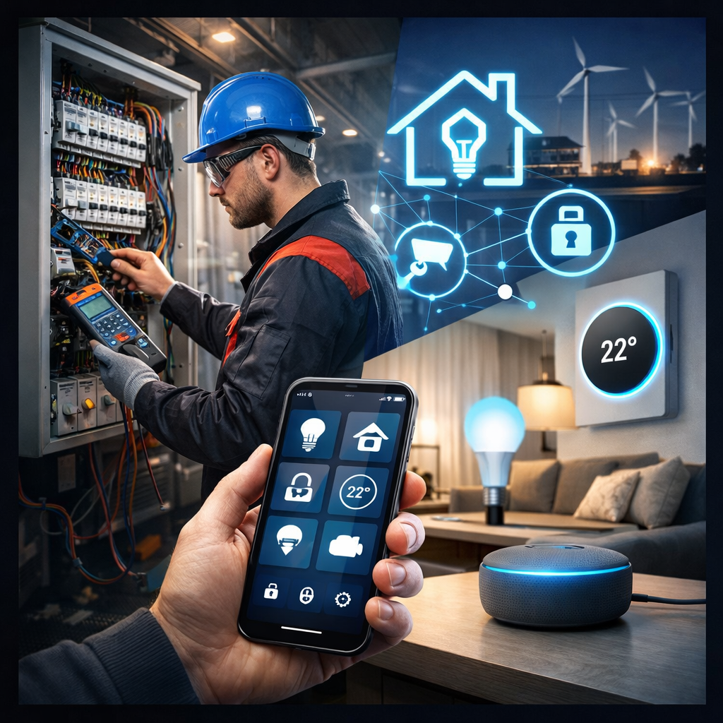 A technician wearing a blue hard hat and safety glasses working on an electrical panel while a person controls home automation with a smartphone. The smart home features include lighting, climate control set to 22°C, security, and energy management, with icons of wind turbines and a house with a lightbulb inside.
