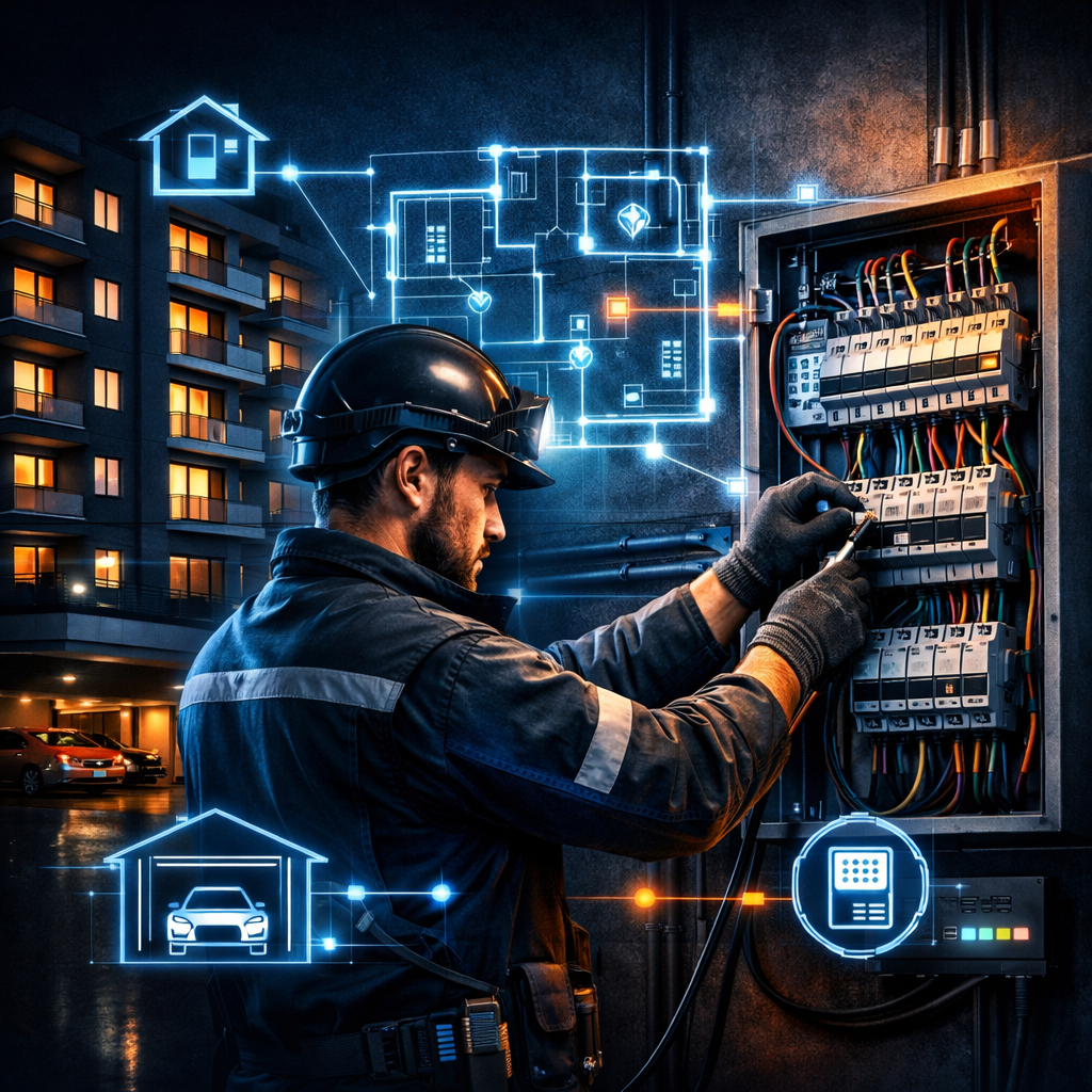 A technician wearing a helmet and gloves inspecting an electrical panel on a building, with digital blueprint overlays of a house, garage, and circuit diagram.