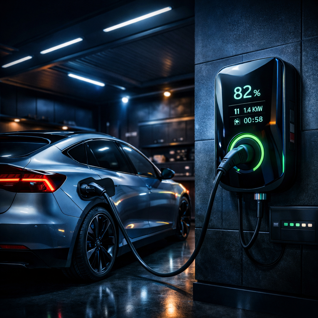 A modern electric car plugged into a fast-charging station in an indoor garage, with a digital display showing the battery is 82% charged.