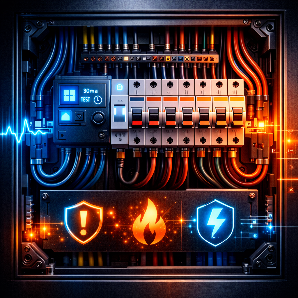An electrical panel with circuit breakers and wiring, illuminated with blue and orange lights, and icons displaying warning, fire, and lightning symbols.