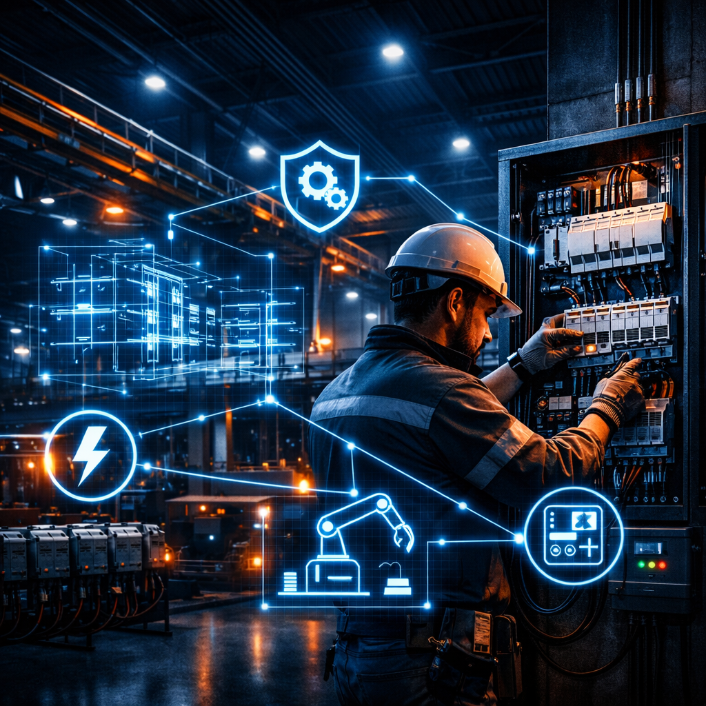A worker in a helmet working on electrical panels in an industrial setting with digital graphics of technology and automation around him.