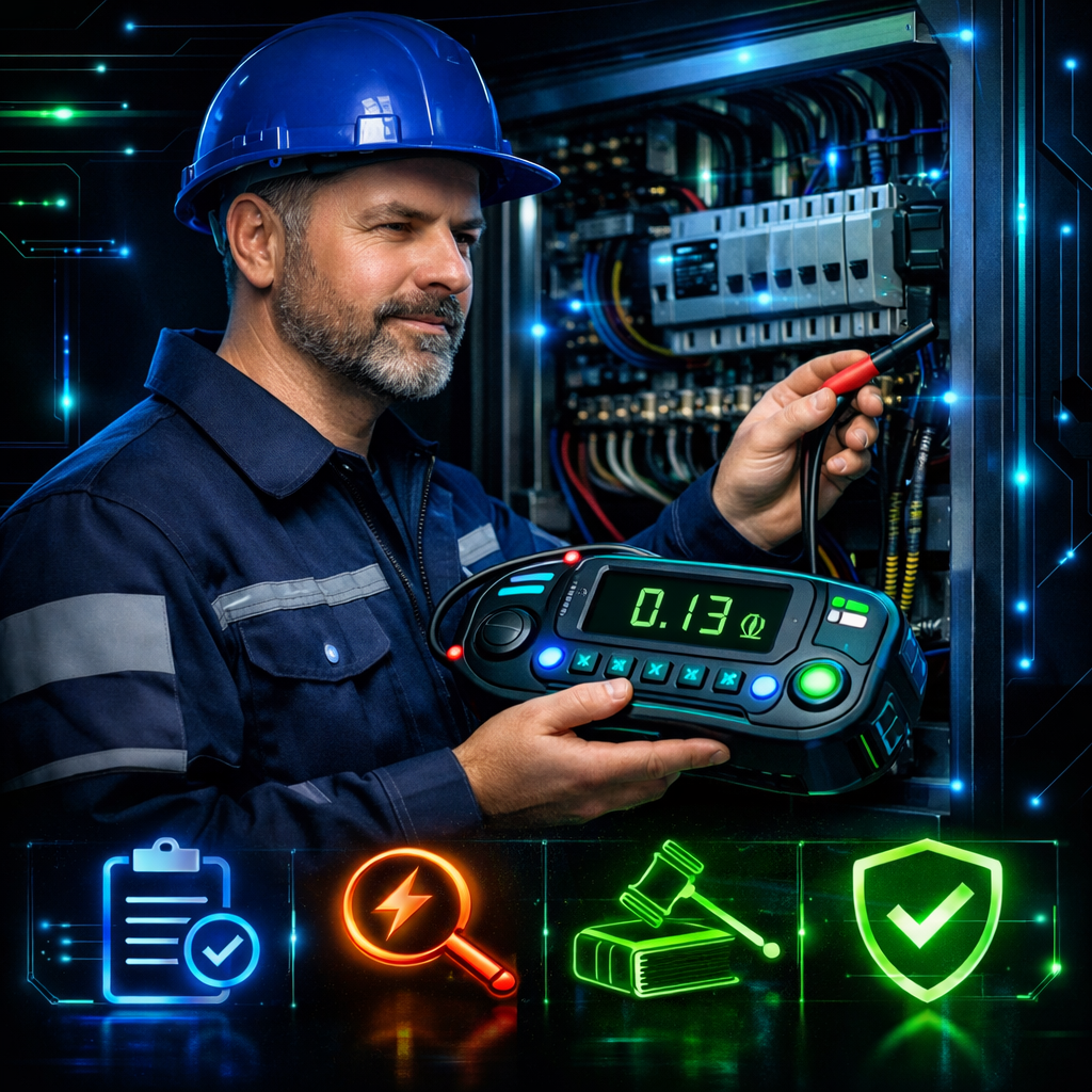 A technician wearing a blue safety helmet and uniform inspecting electrical wiring inside an industrial control panel with a digital tester in hand, displaying a reading of 0.13.