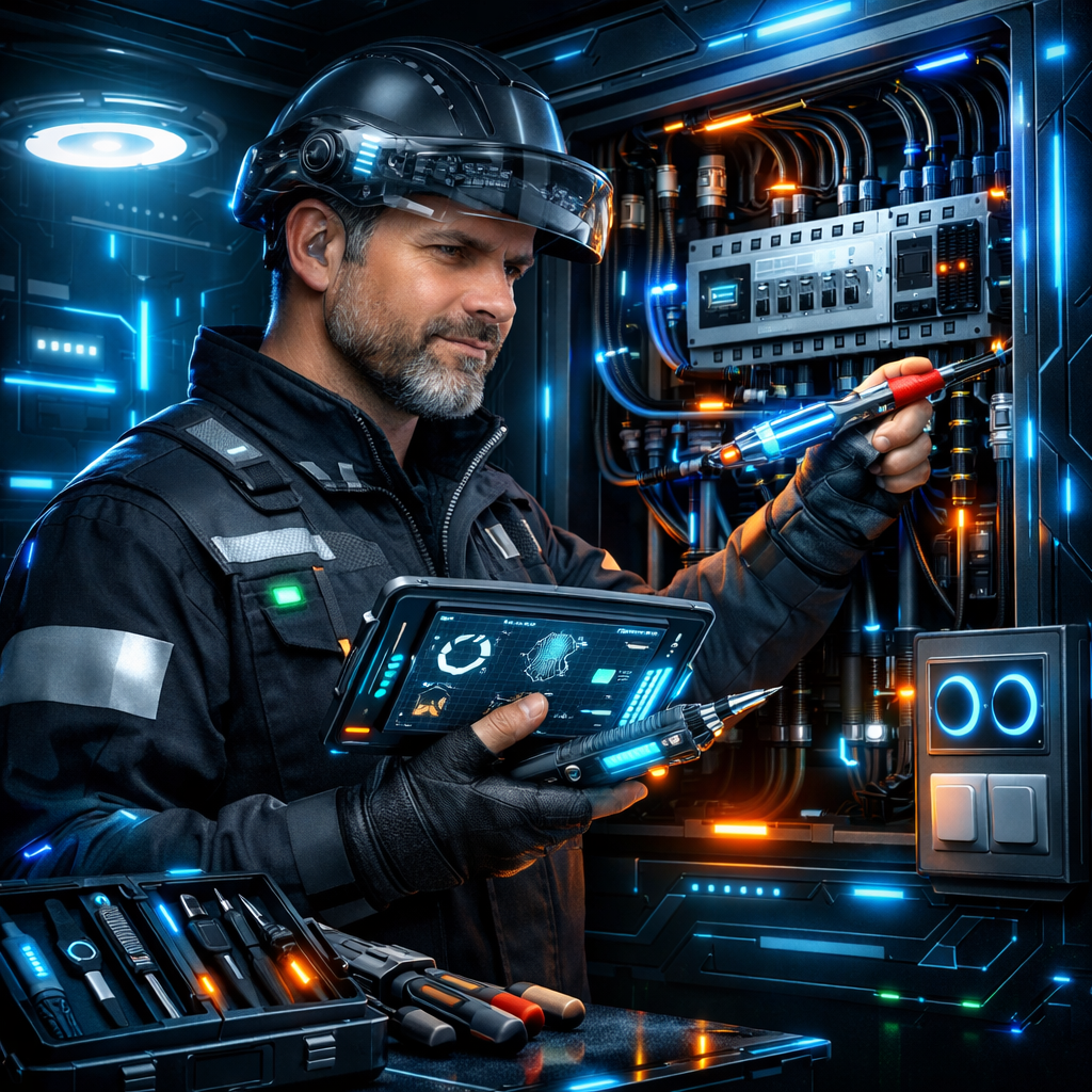 A technician working on an advanced electrical panel with glowing blue and orange lights, using a digital tablet and tools in a high-tech environment.