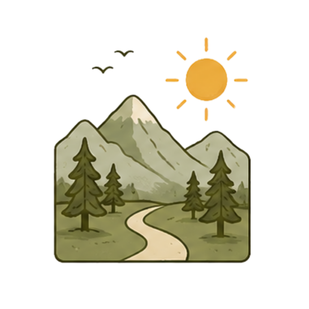Illustration of a mountain landscape with a winding path, pine trees, mountains in the background, and a sun shining overhead.