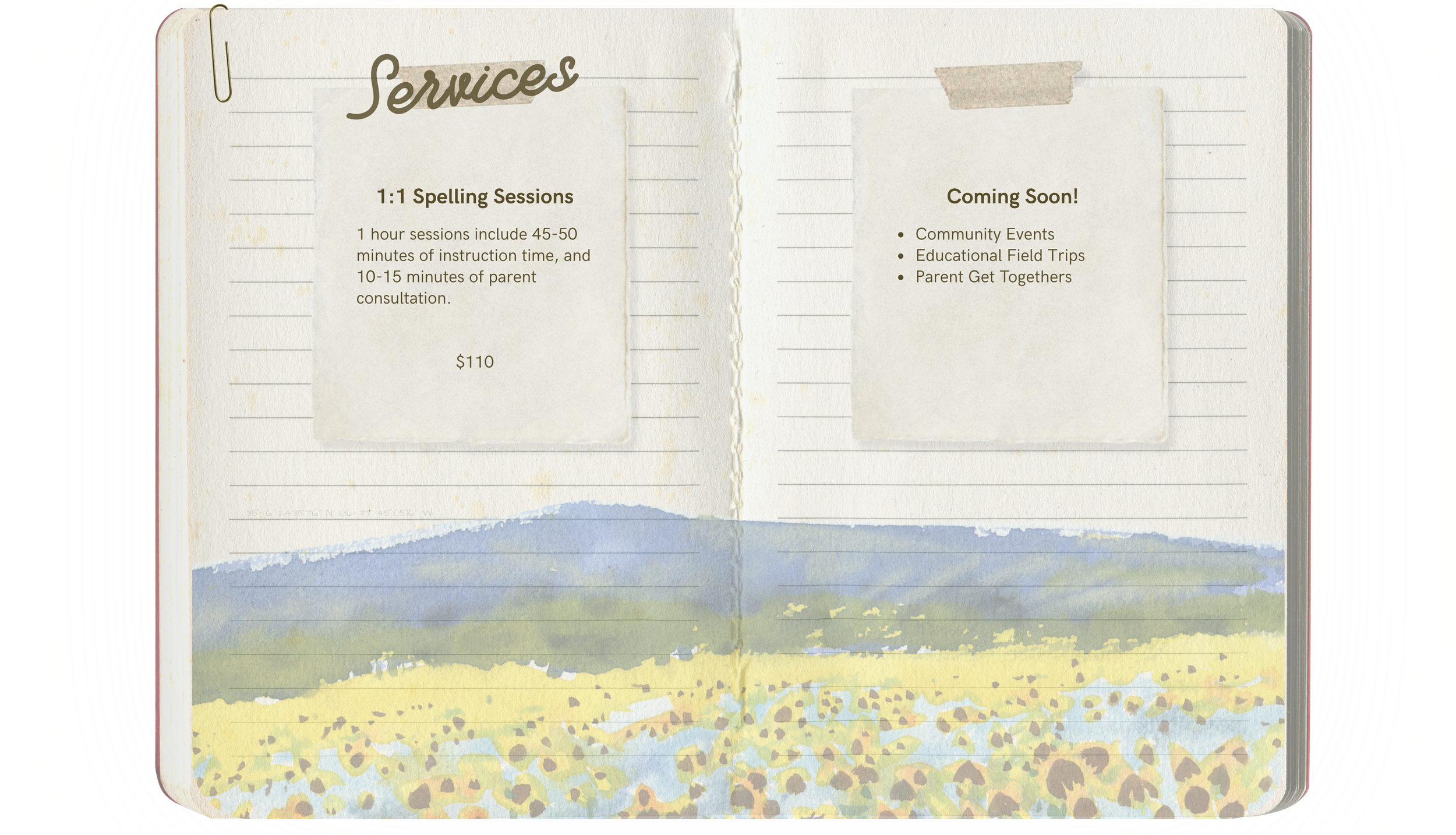 Open notebook with handwritten notes about services, including spelling sessions costing $110 and upcoming community events, educational trips, and parent gatherings. The page has a textured background with watercolor-style colors and horizontal lines.