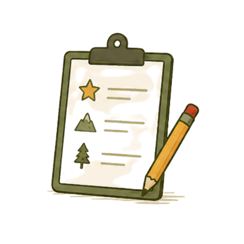 Illustration of a clipboard with a checklist, stars, a mountain, and a tree, along with a pencil.