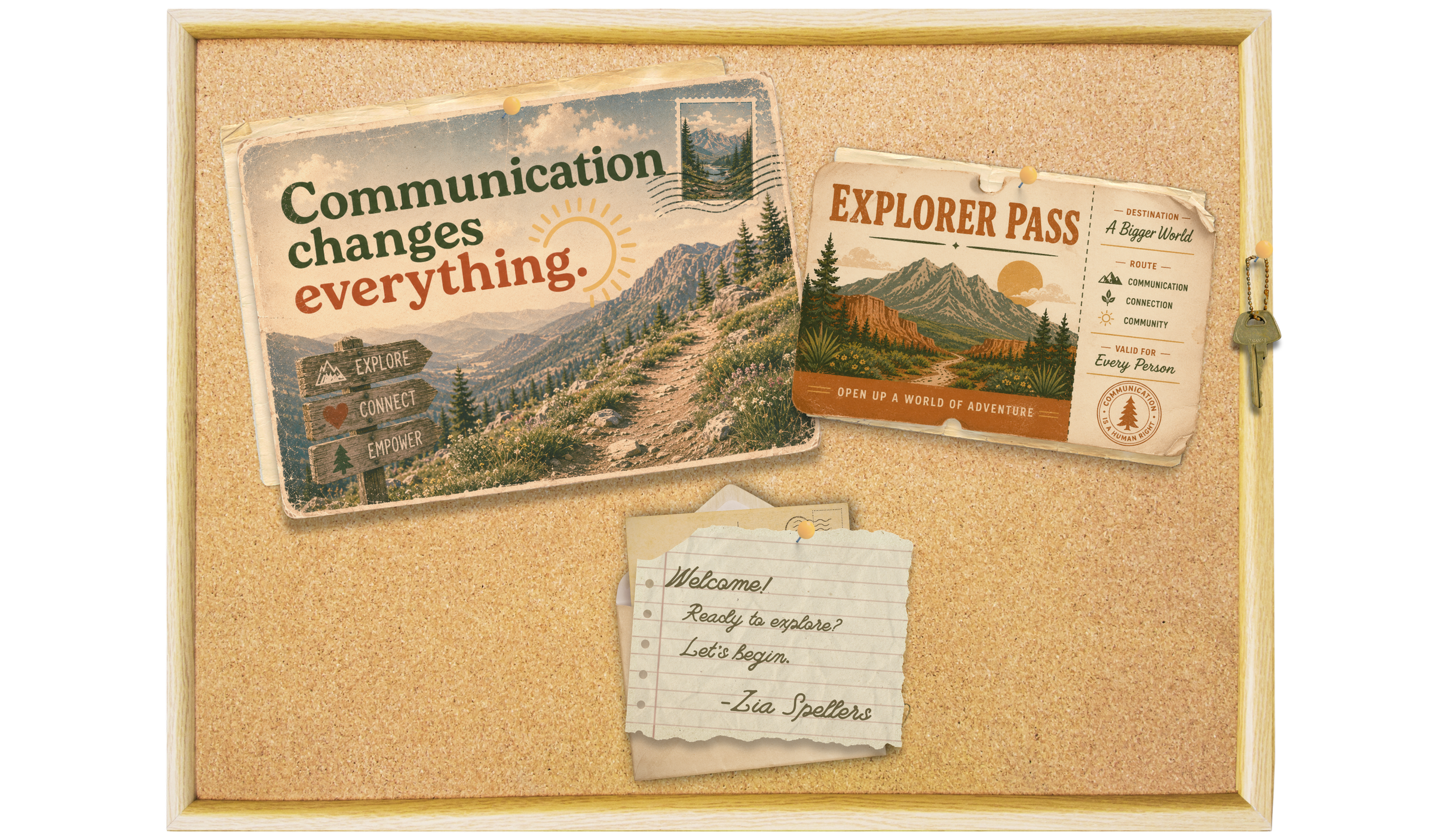A cork bulletin board with various paper items pinned to it. The main item is a vintage-style poster with mountains, trees, and a hiking trail, with the message 'Communication changes everything.' There is also an explorer pass ticket with mountains, trees, and a sunset, indicating open up a world of adventure. A small handwritten note beneath with the message 'Welcome! Ready to explore? Let's begin.'