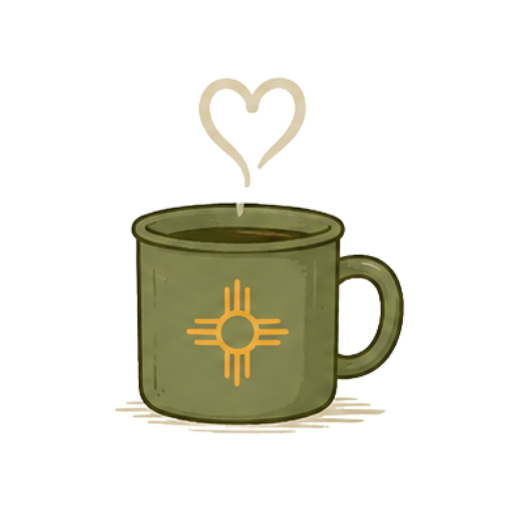 A green coffee mug with a yellow Zia symbol, filled with a dark beverage and a white heart-shaped stir stick emerging from it.