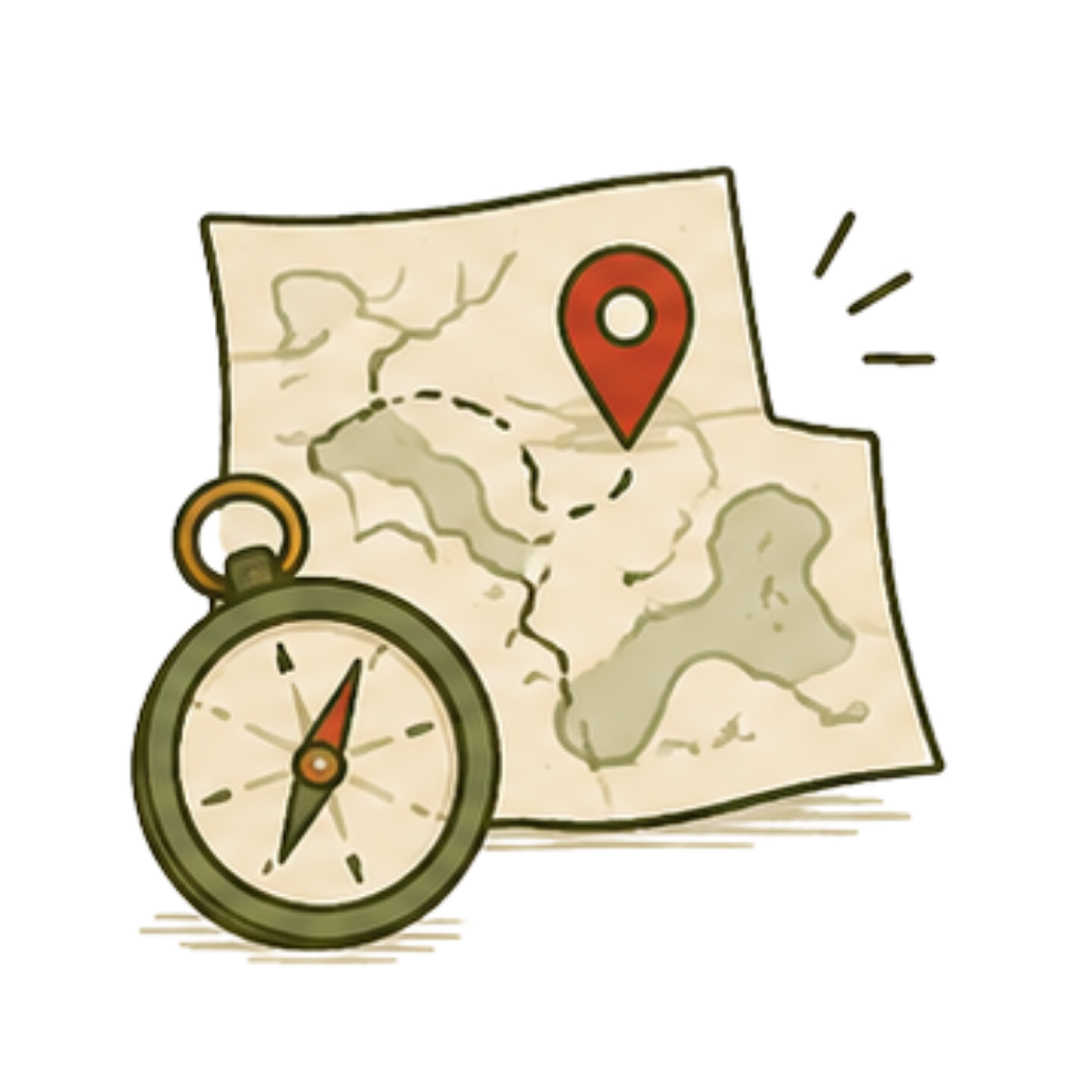 An illustration of a vintage map with a dashed path leading to a red map marker, accompanied by a compass showing north and south.