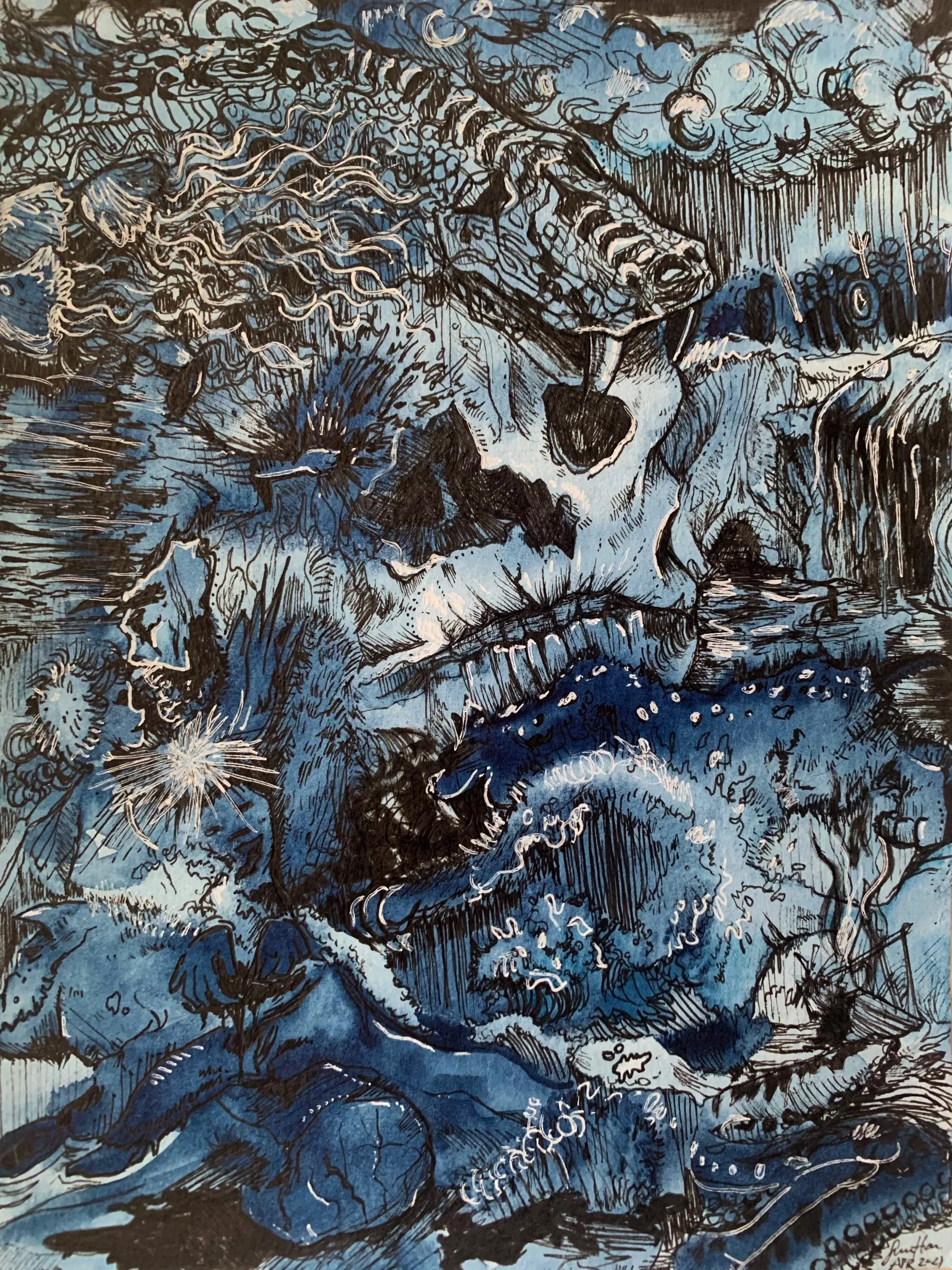 BLUE WORLD Ink and Watercolor on Paper, 6 x 8", 2021.