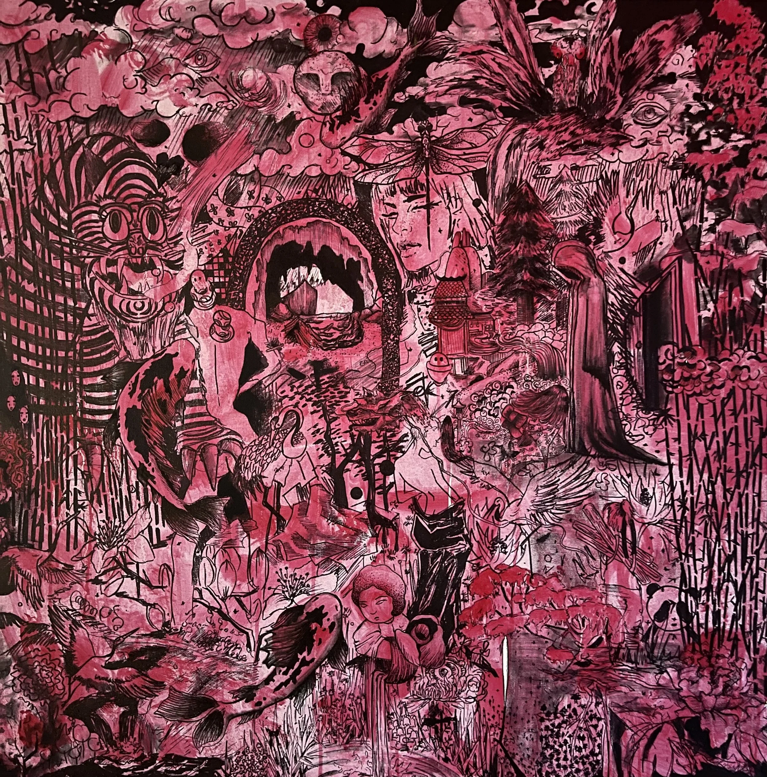 RED WORLD Acrylic and Ink on Canvas, 36 x 36", 2023.