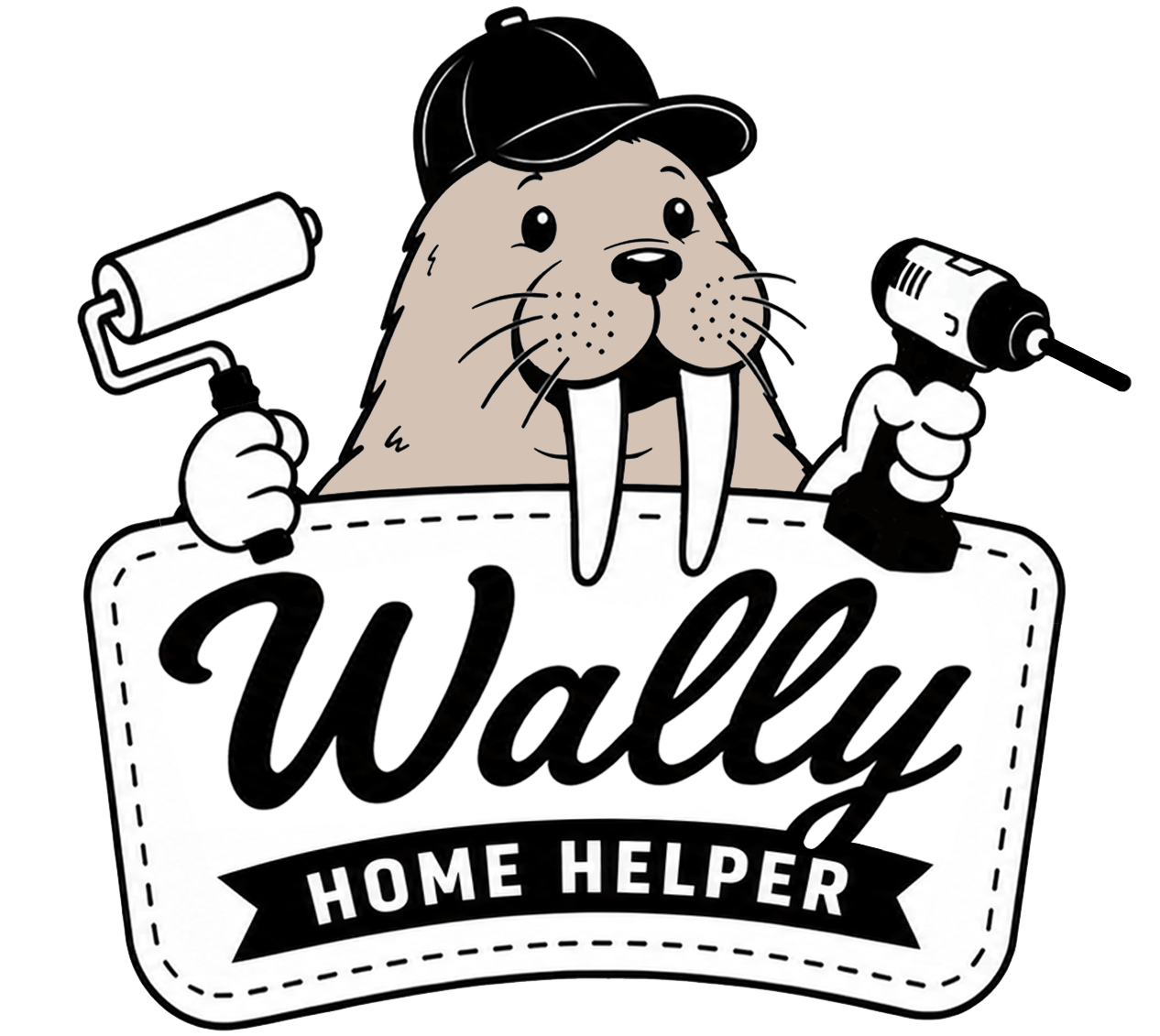 A cartoon beaver wearing a black cap holding a paint roller and a cordless drill with a sign that reads "Wally Home Helper."