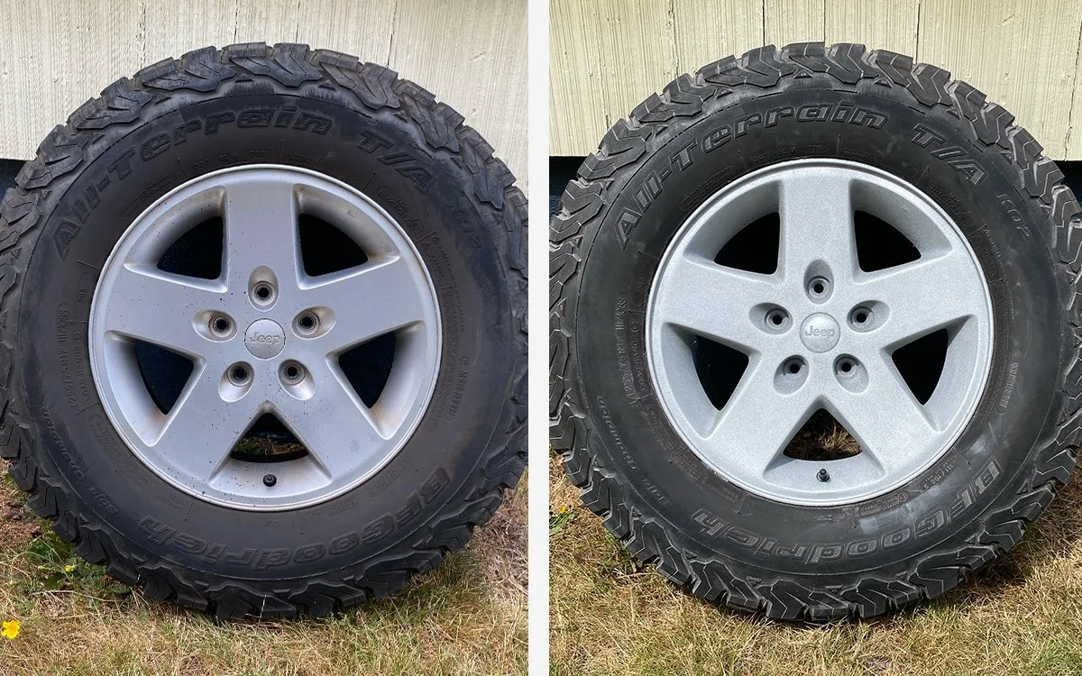 Comparison of two rims with tires mounted. One before refinishing, one after.