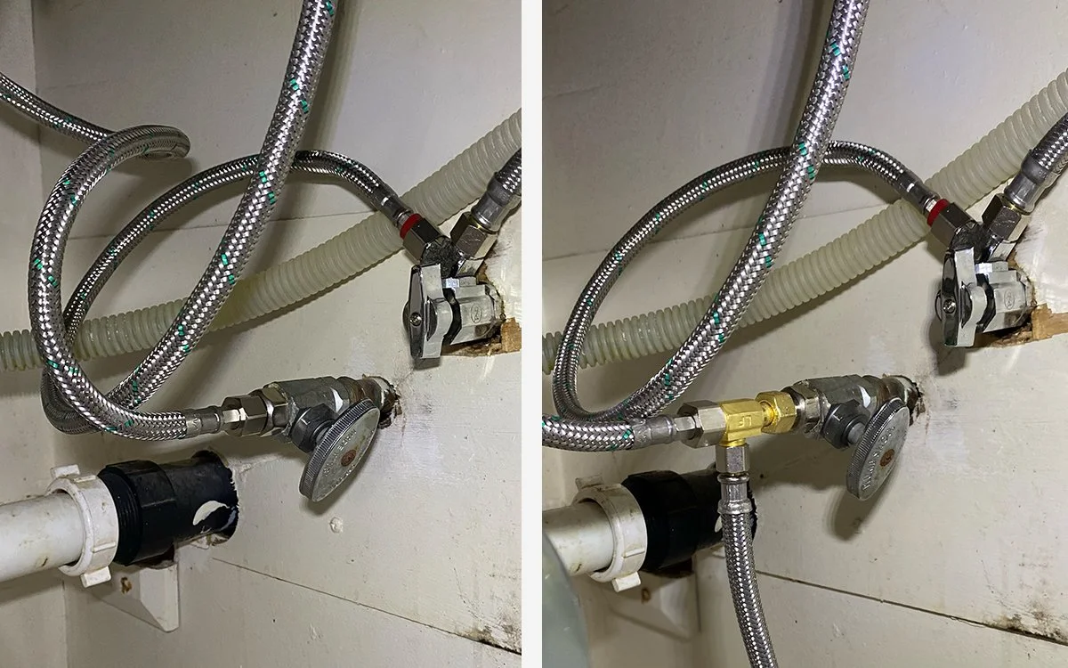 Plumbing pipes and valves with flexible metal hoses installed behind a wall, showing a before and after comparison of a repair or modification.