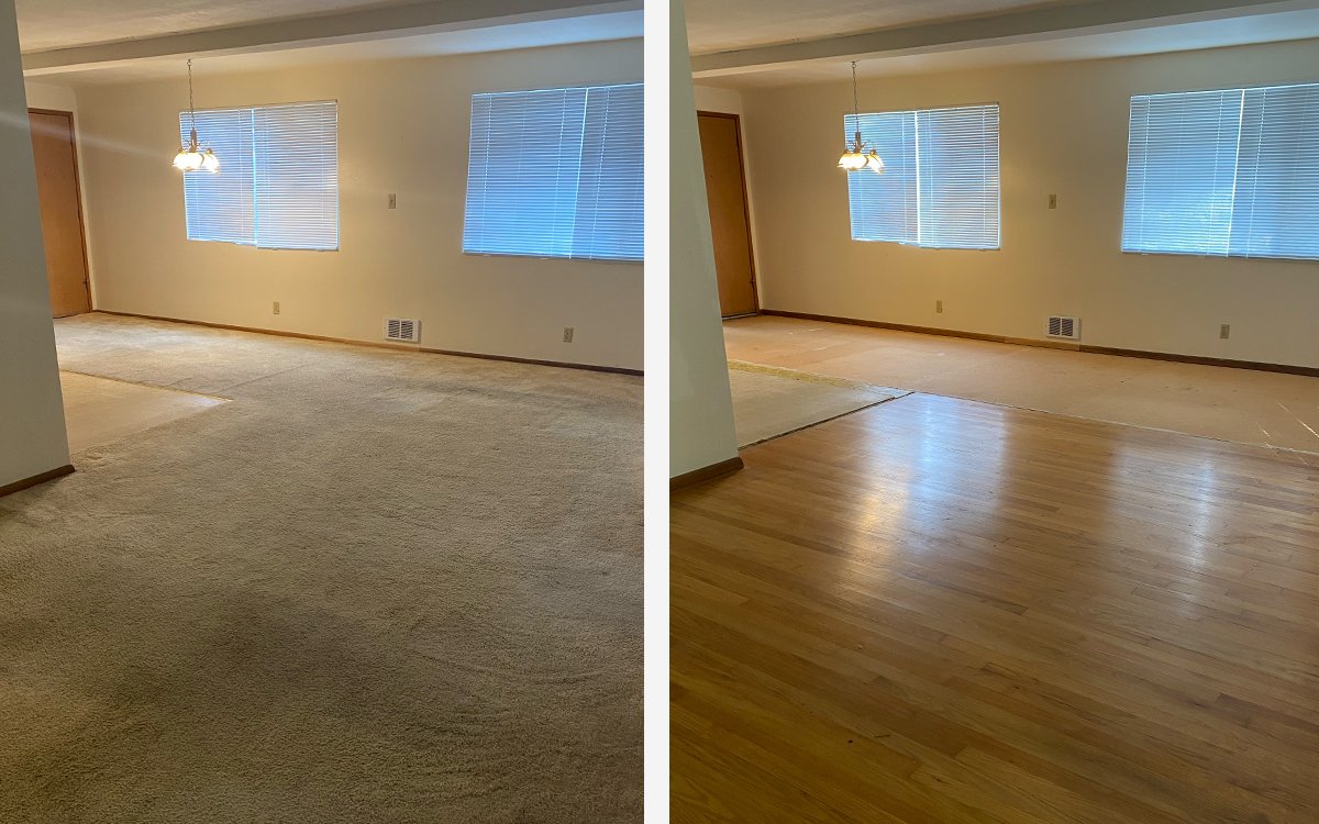 Comparison of a living room floor with carpet on the left and hardwood on the right, both with beige walls, windows with blinds, and a ceiling light.