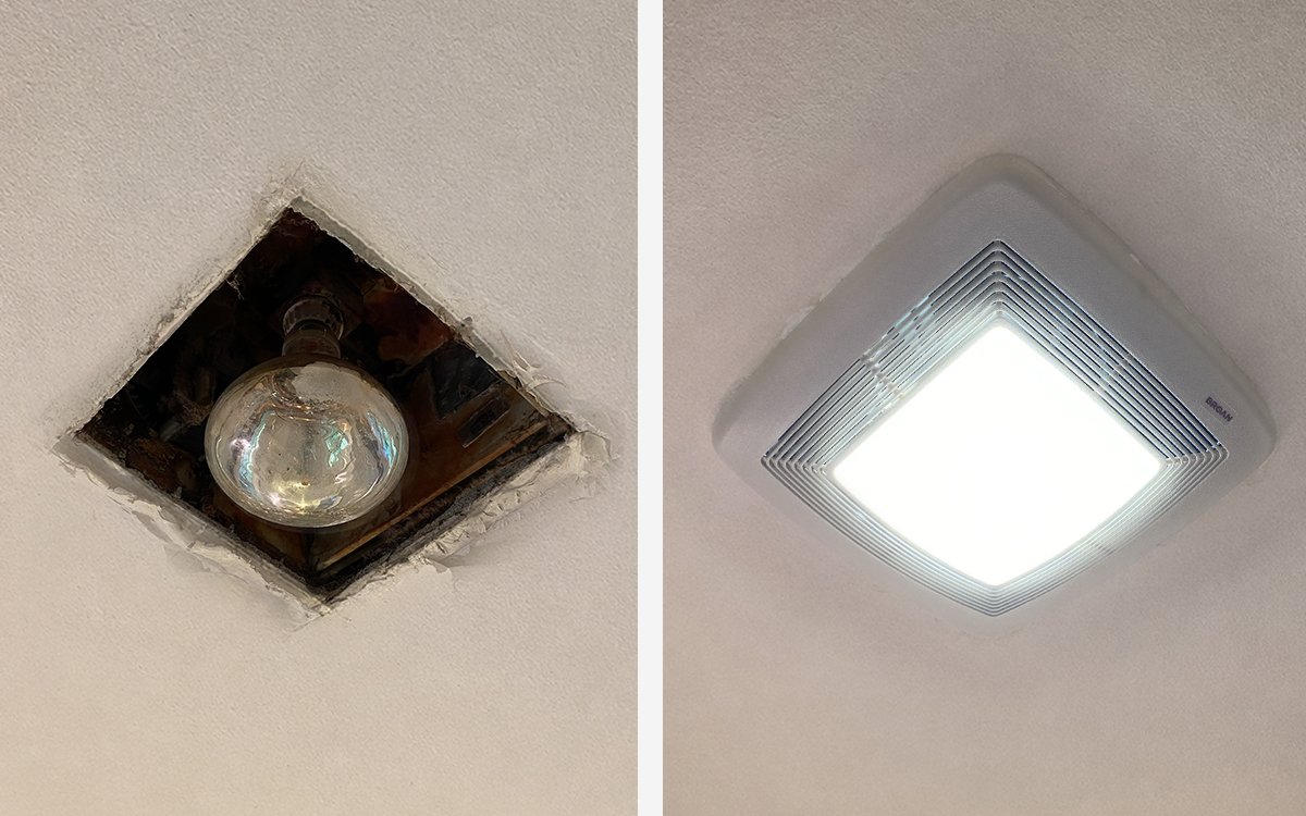 Comparison of a ceiling light fixture before and after repair or replacement; left side shows a burnt-out or old bulb in a socket, right side shows a modern, bright LED ceiling light.