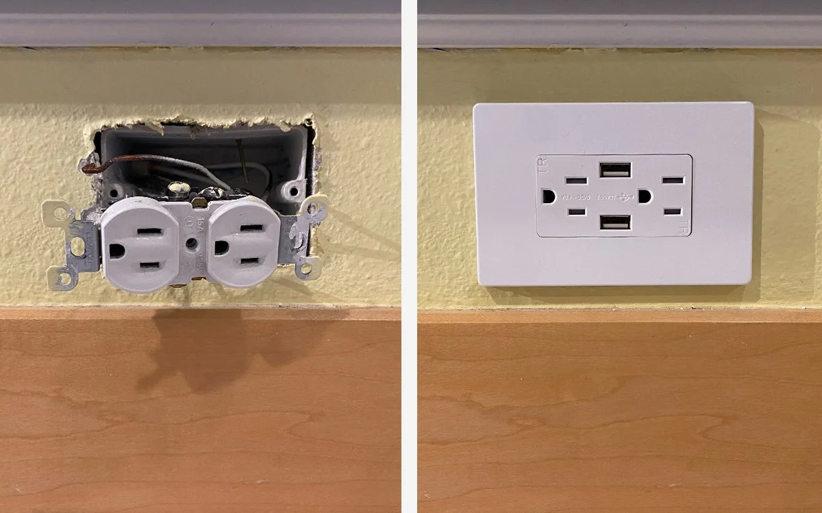 Left side shows an electrical wall outlet with the cover plate removed, exposing wiring and socket connections. Right side shows a newly installed white electrical outlet cover with a duplex outlet and two USB ports mounted on the wall.