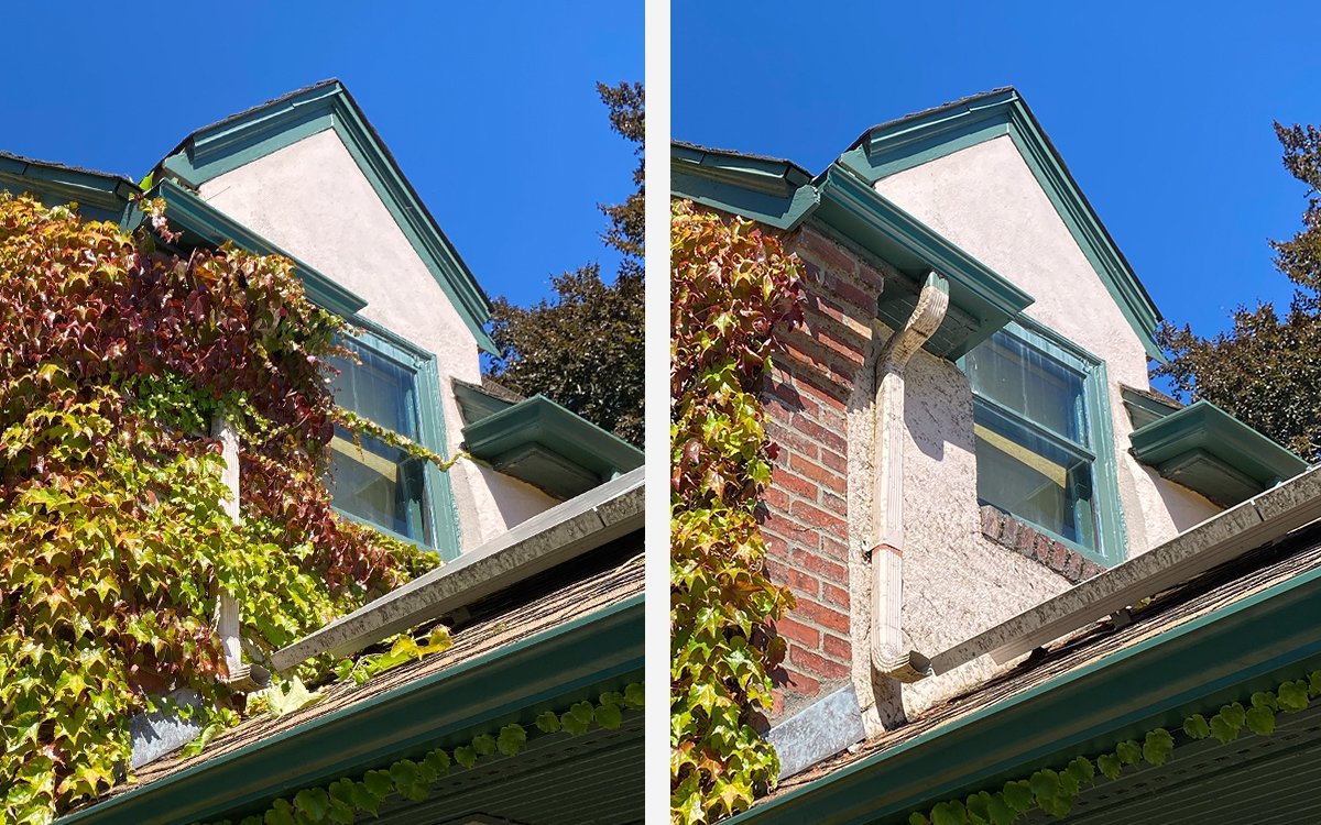 Close-up view of two house exteriors, showing differences in wall textures: the left side has ivy growing on the wall, while the right side has exposed brick and stucco, both with blue sky in the background.