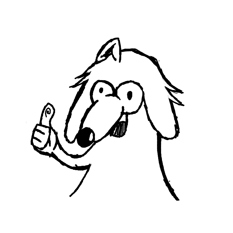 A cartoon dog with a long snout, floppy ears, glasses, and a big smile giving a thumbs-up.