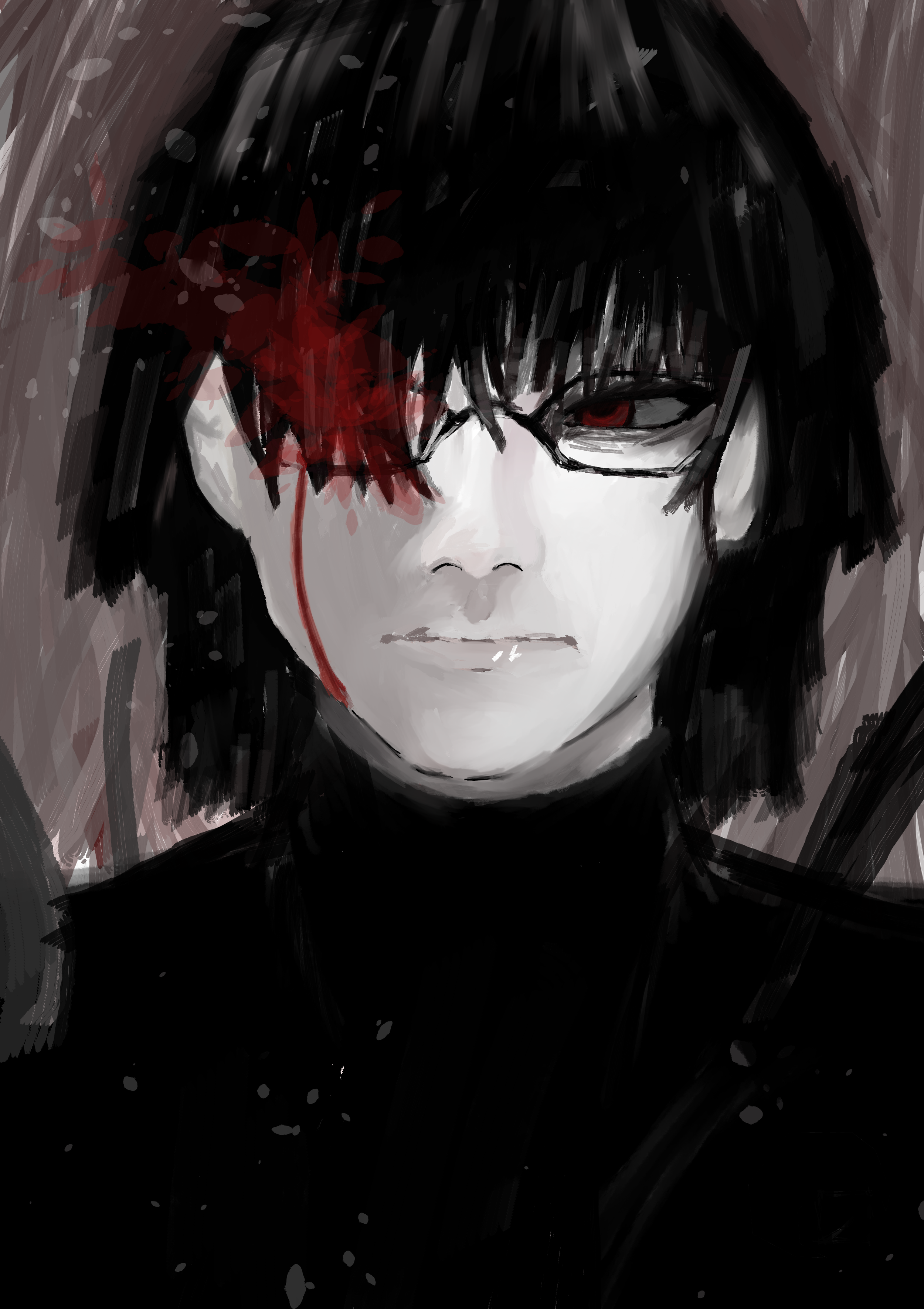 A digital illustration of a person with black hair, pale skin, and red eyes, wearing glasses. They have blood on their face and hair, with some blood dripping from their eye, and are dressed in black, set against a dark background.