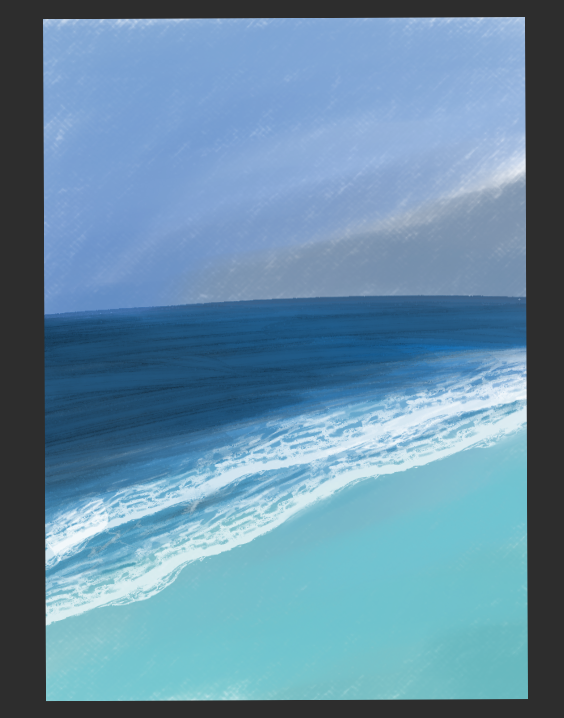 Digital painting of ocean waves crashing on a beach with a blue sky overhead.