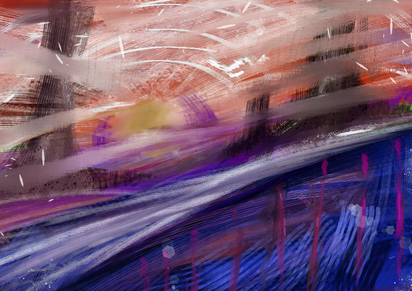 Abstract digital painting with swirling streaks of purple, blue, red, and peach colors, resembling a dynamic sunset scene.
