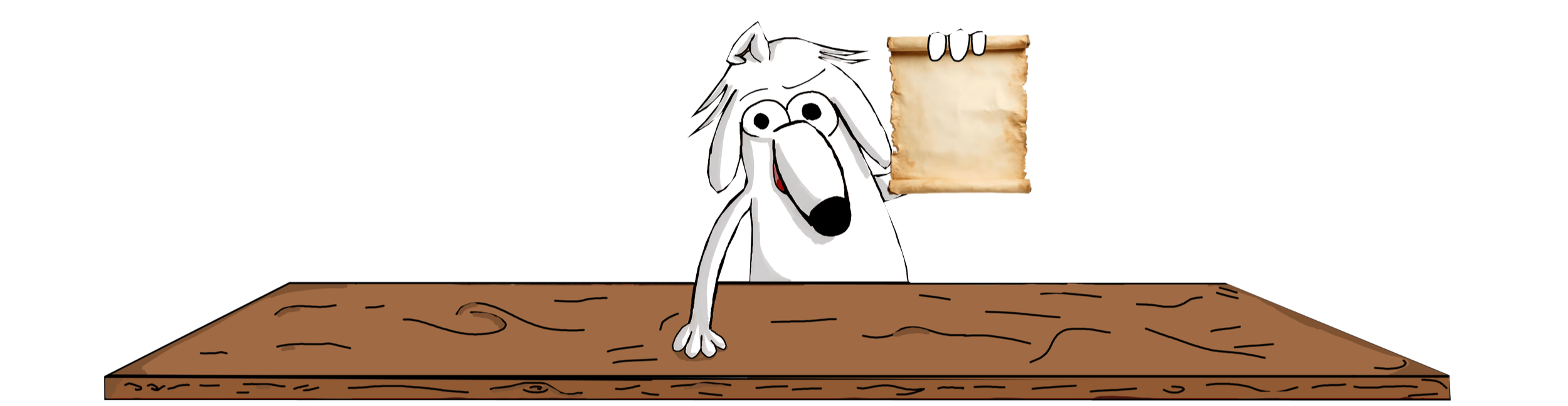 Cartoon white dog with floppy ears holding a scroll, standing behind a wooden table.