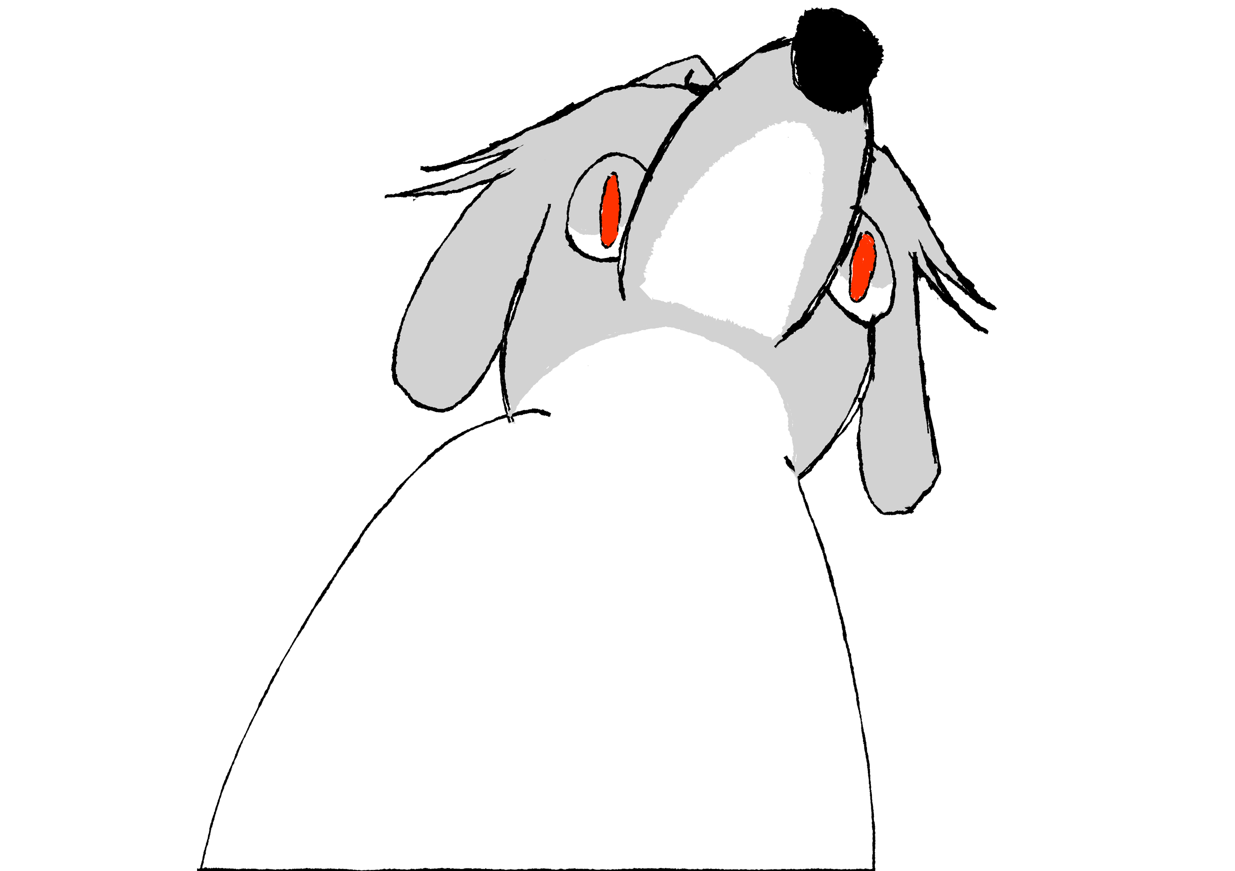 A cartoon illustration of a gray horse with black mane and red eyes, facing forward with its ears down, on a black background.