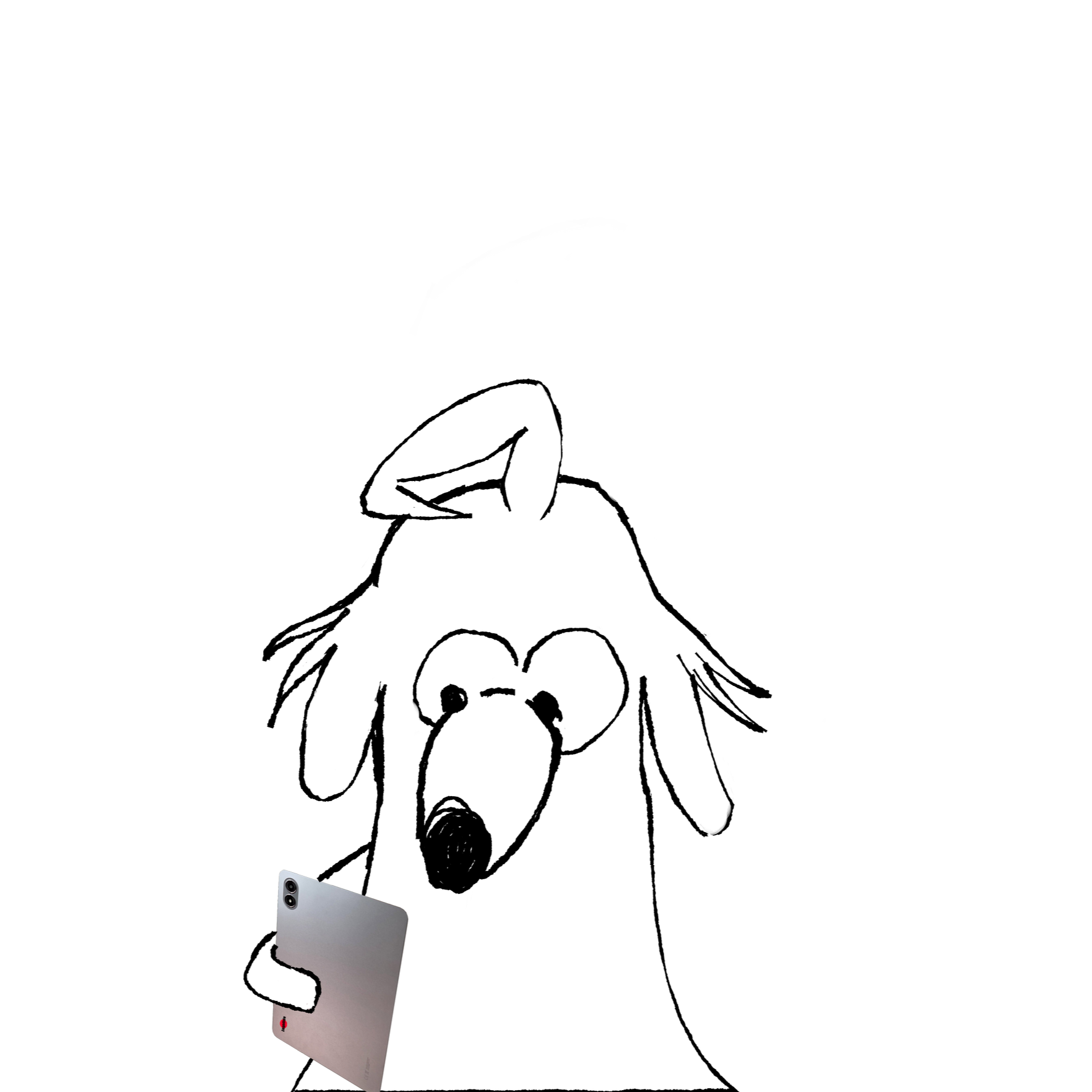 A cartoon dog character holding a smartphone while looking at a tablet, with a speech bubble above its head containing the word 'Exotic' in stylized font.