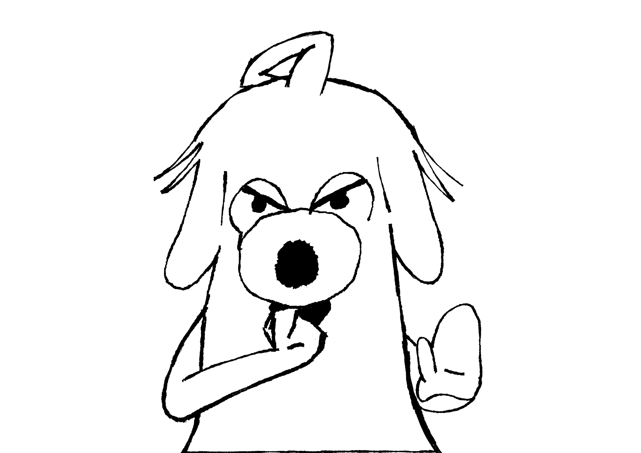 A black and white drawing of a dog with an angry expression, holding a glass in one paw and a plate in another.